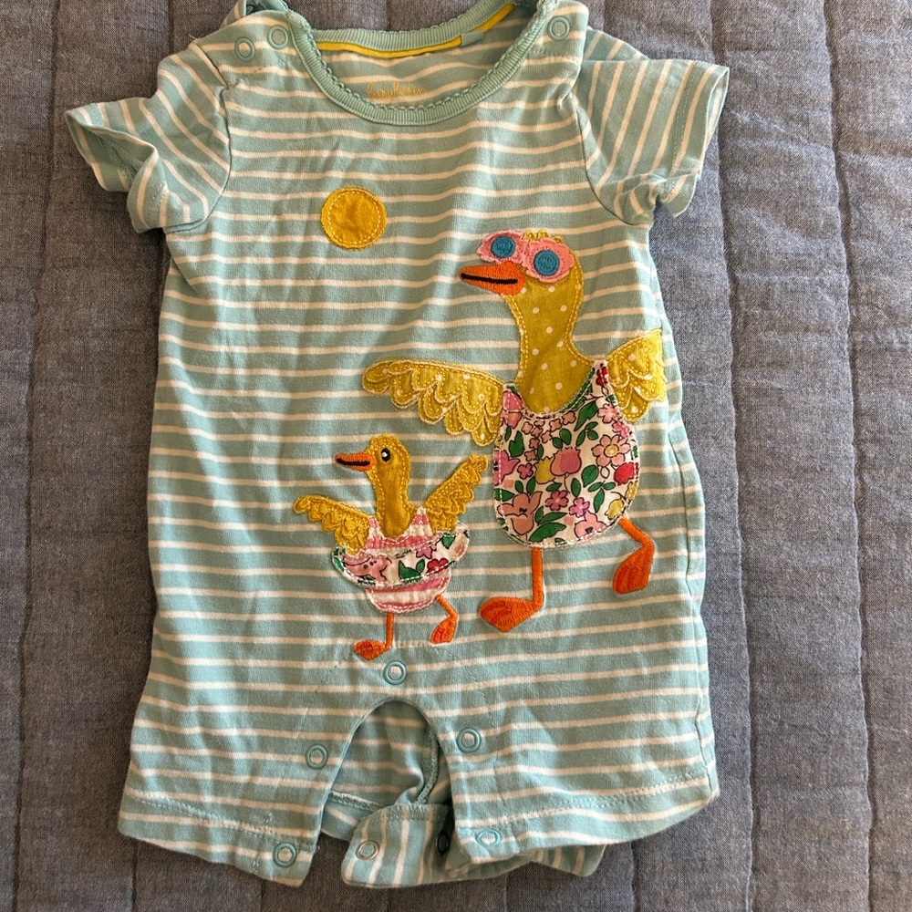 Baby Boden Blue and White Striped Bodysuit with Duck Appliqué